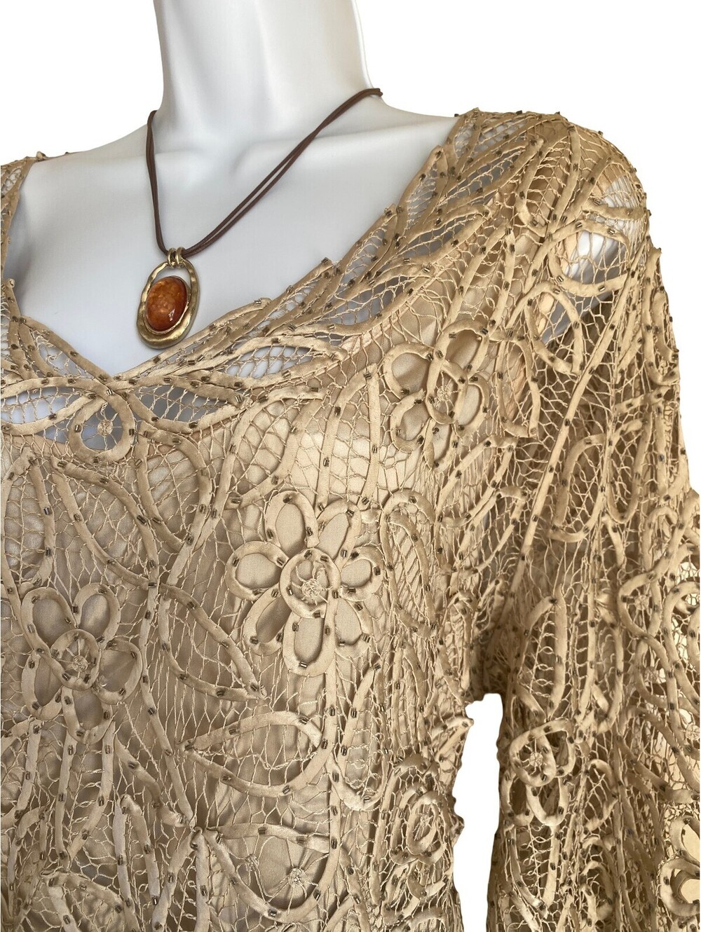 100% Silk VTG Soulmates XL Lace Tunic Blouse Handcrafted Elegant Boho Festival - Picture 3 of 8